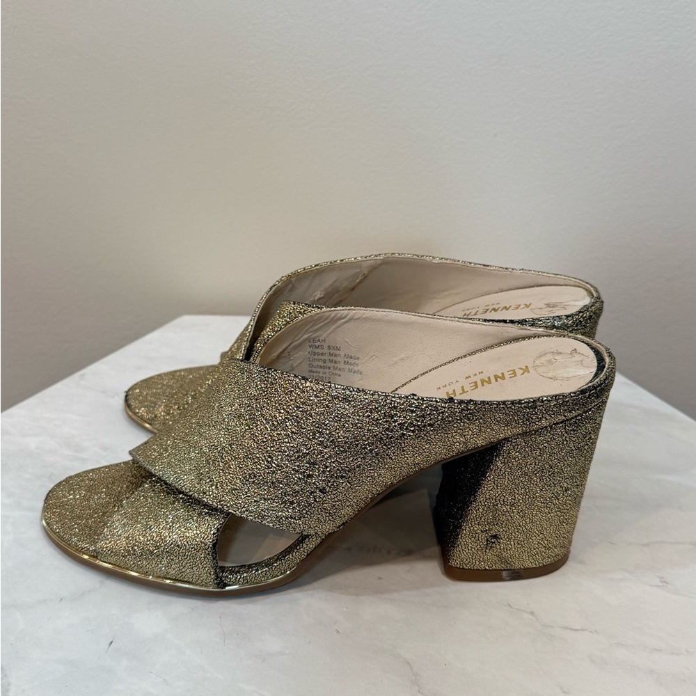 🔥Kenneth Cole Gold Glitter Block Heel Slide Sandals Size 8.5 EUC🔥